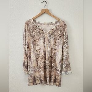 Reba Opulent Floral Lace Bell Sleeve Studded Sheer Blouse Top 1X NEW